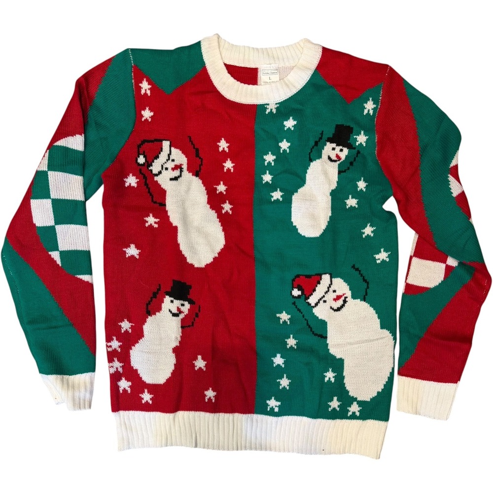New York Laundry Holiday Classics Snowman Ugly Christmas Sweater Red Green‎ L